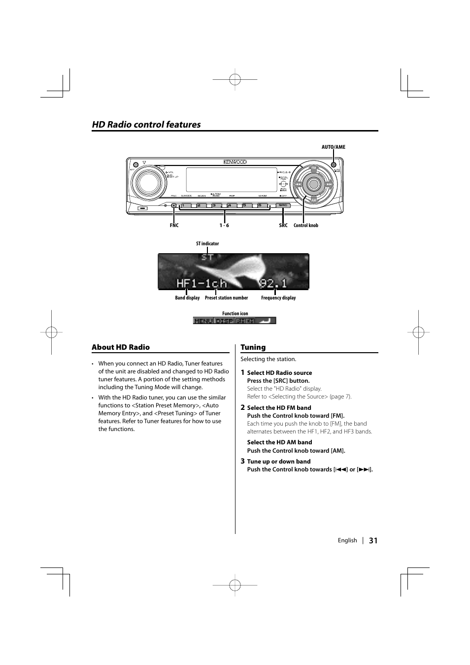 Hd radio control features, About hd radio, Tuning | Kenwood KDC-MP635 User Manual | Page 31 / 52