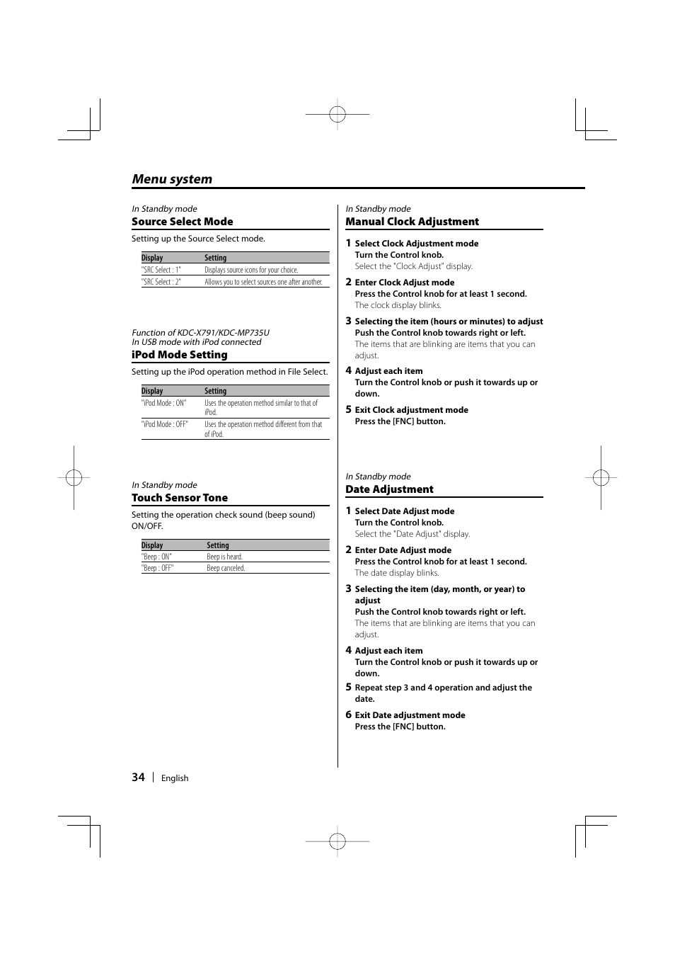 Menu system | Kenwood KDC-MP635 User Manual | Page 34 / 52