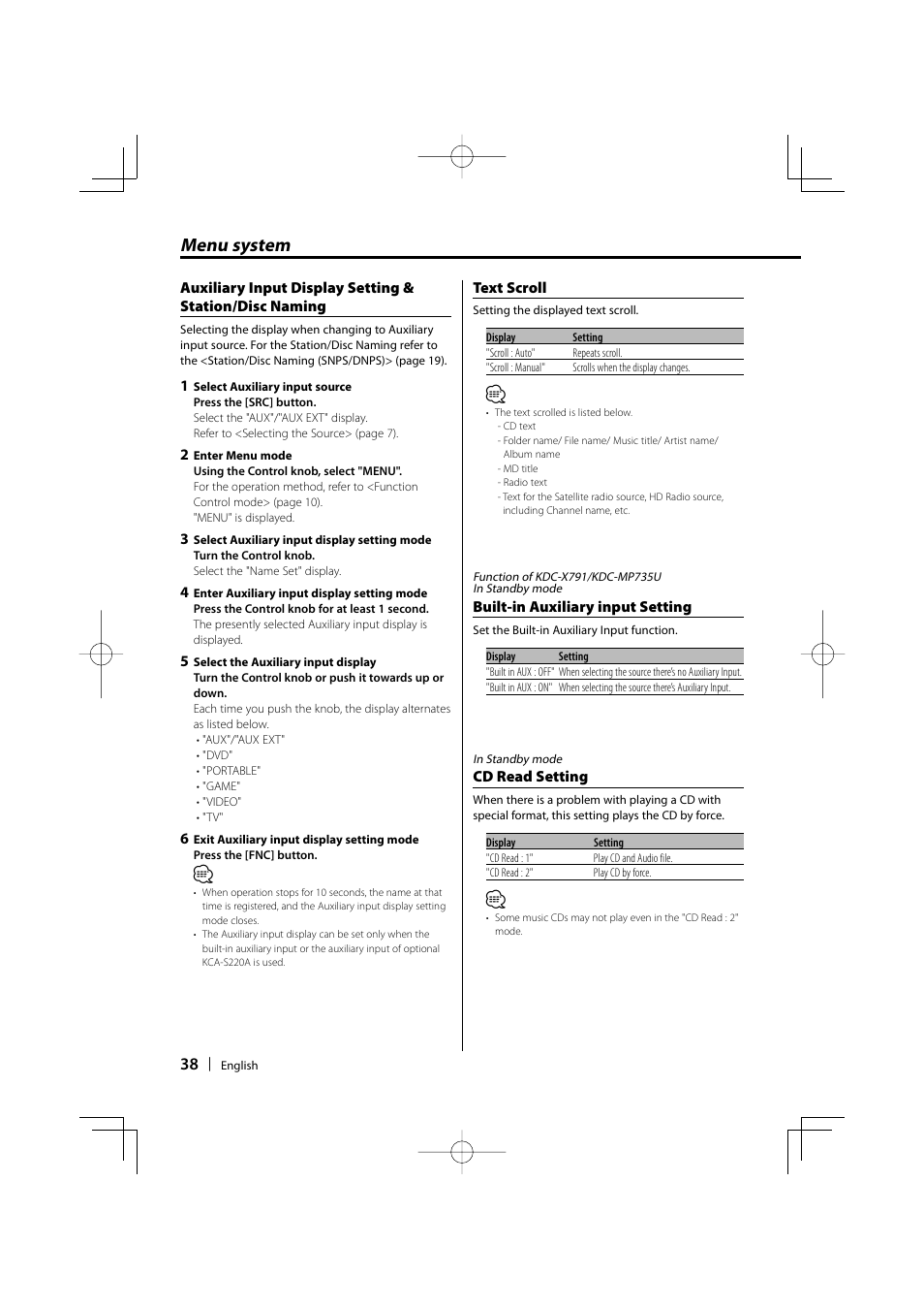 Menu system | Kenwood KDC-MP635 User Manual | Page 38 / 52