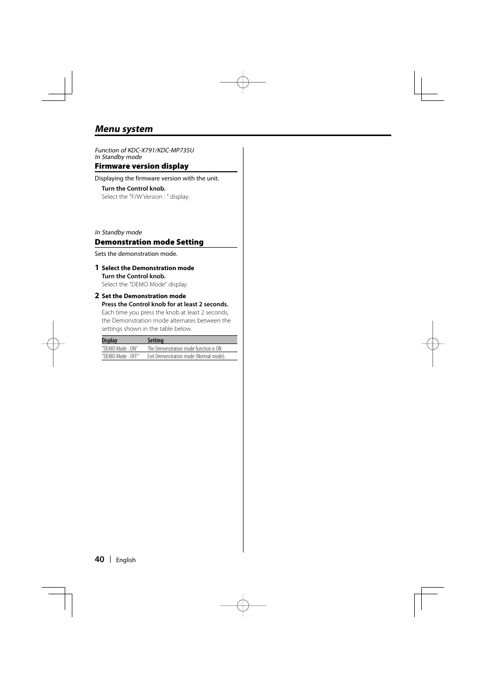 Menu system | Kenwood KDC-MP635 User Manual | Page 40 / 52