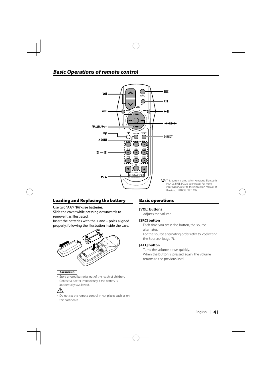 Basic operations of remote control, Loading and replacing the battery, Basic operations | Kenwood KDC-MP635 User Manual | Page 41 / 52