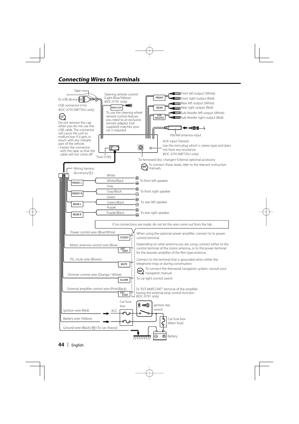 Connecting wires to terminals | Kenwood KDC-MP635 User Manual | Page 44 / 52