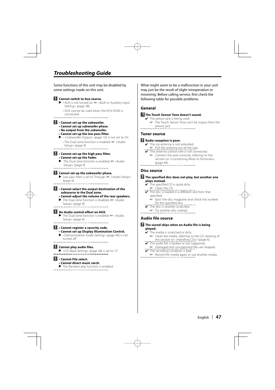 Troubleshooting guide | Kenwood KDC-MP635 User Manual | Page 47 / 52