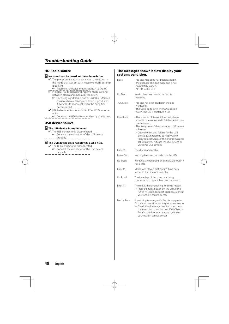 Troubleshooting guide | Kenwood KDC-MP635 User Manual | Page 48 / 52