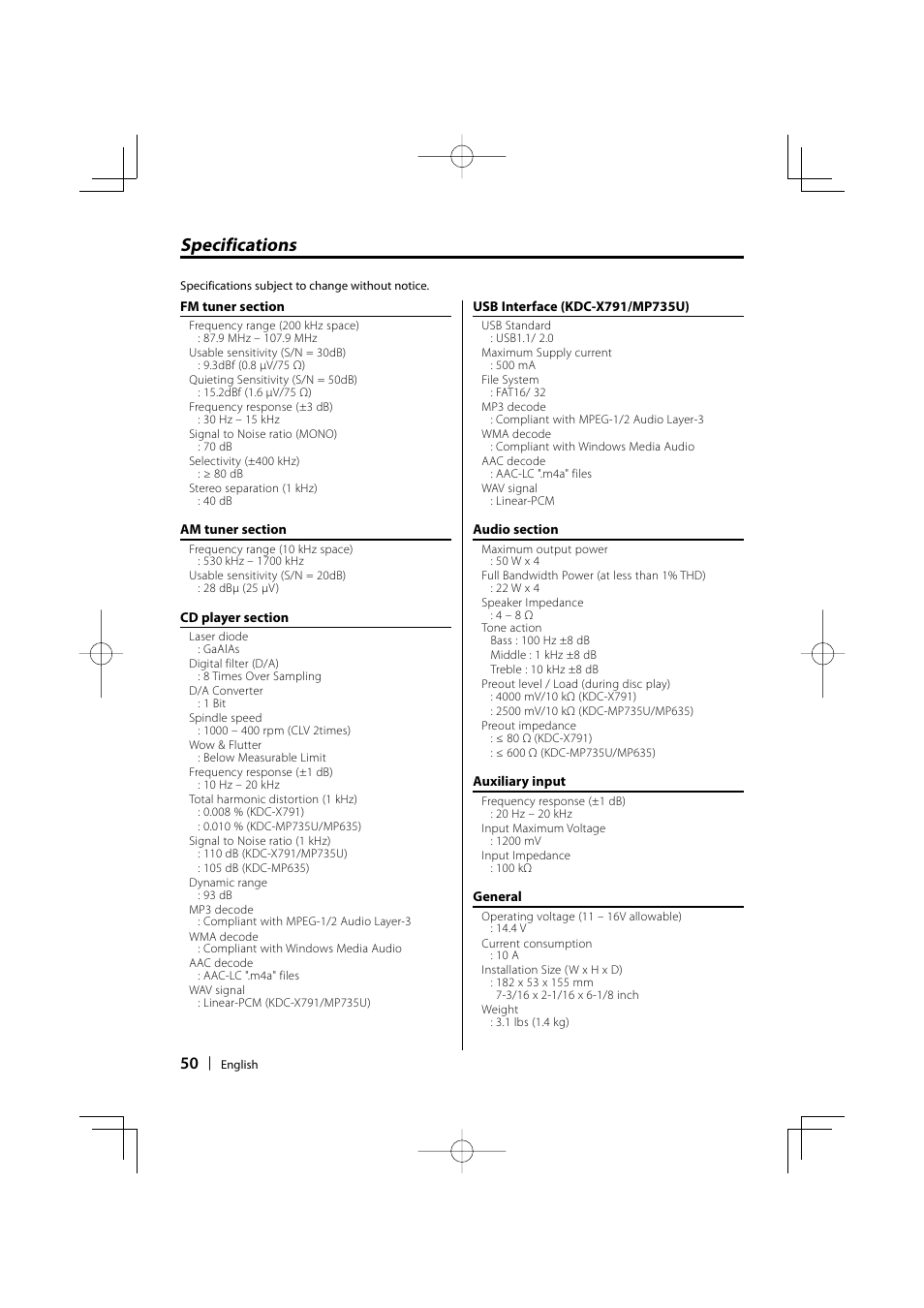 Specifications | Kenwood KDC-MP635 User Manual | Page 50 / 52