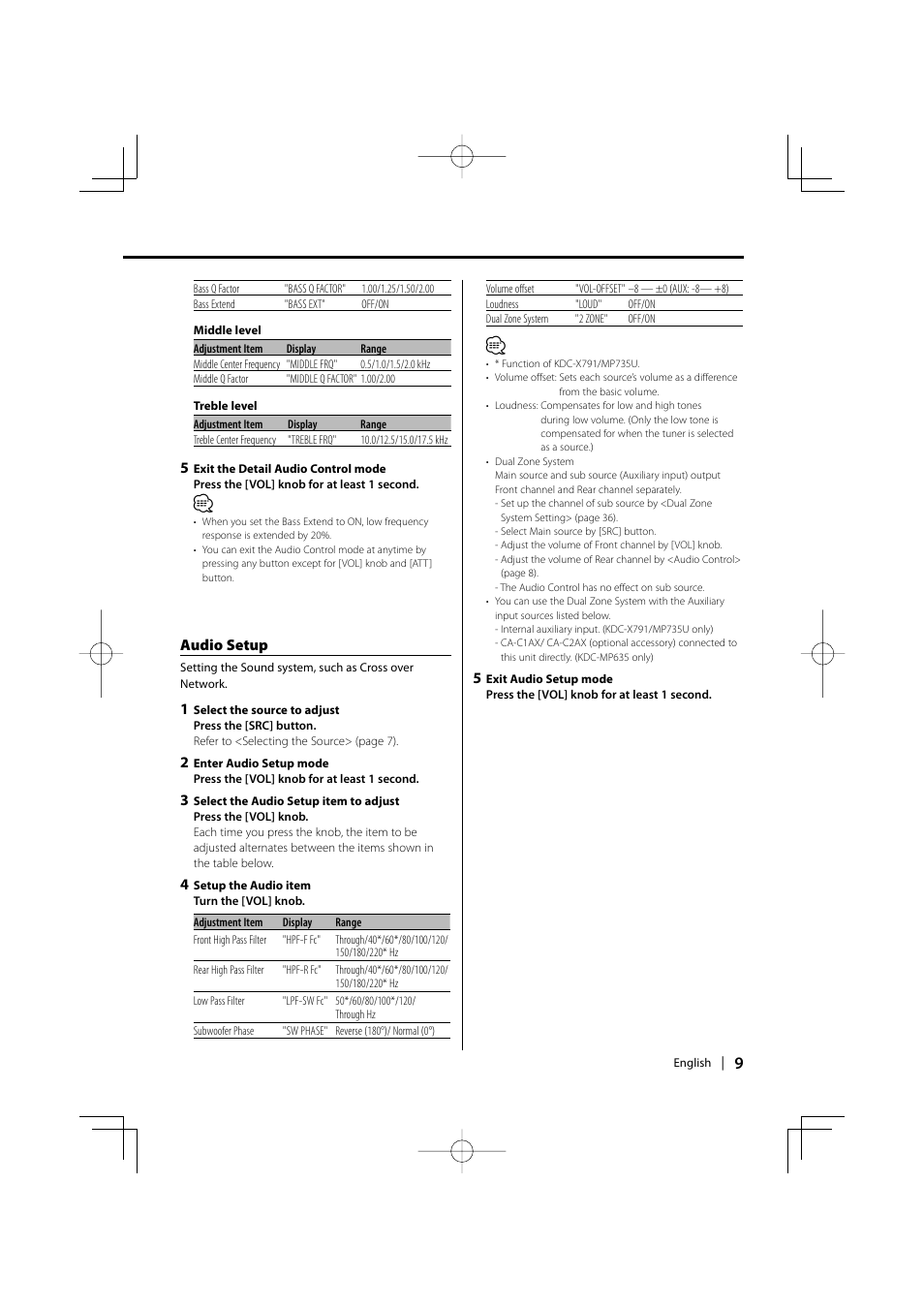 Audio setup | Kenwood KDC-MP635 User Manual | Page 9 / 52