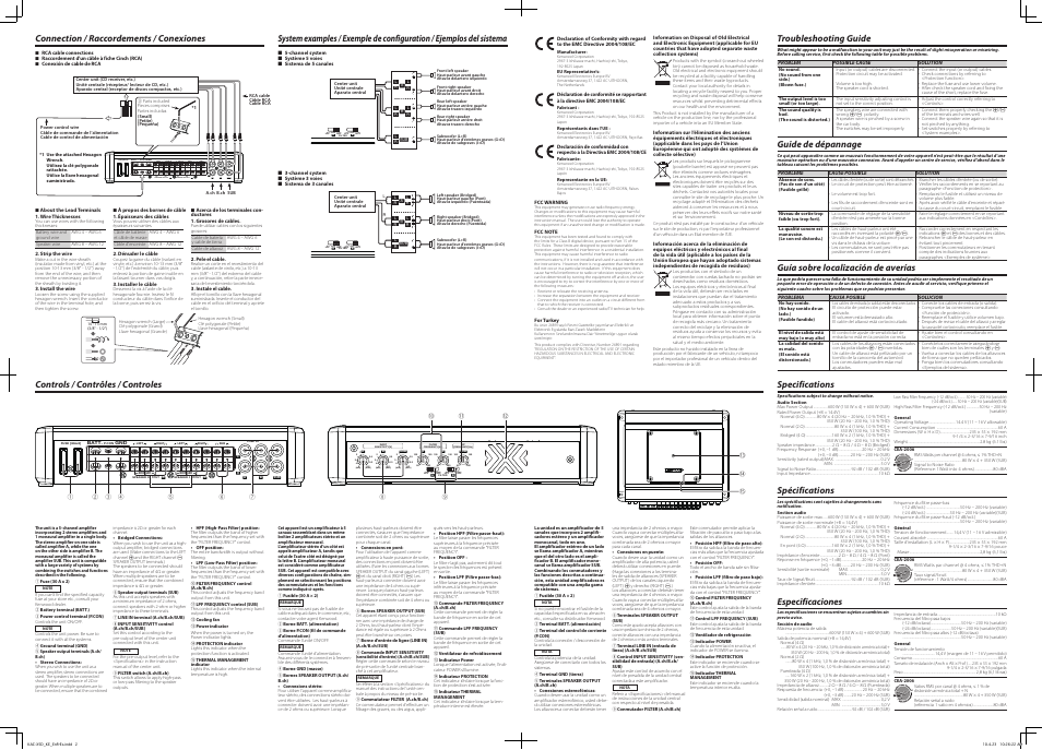 Hpf lpf off filter, Hpf lpf off, P.con fuse [30ax2 | Speaker output, Thermal management protection, Troubleshooting guide, Guide de dépannage, Guía sobre localización de averías, Specifications, Spécifications | Kenwood XR-5S User Manual | Page 2 / 2