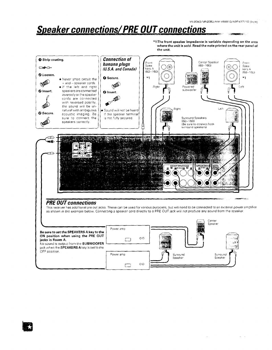Speaker connections/pre out connections, Speaker connections/ pbe out connections | Kenwood KRF-V8881 D User Manual | Page 10 / 77
