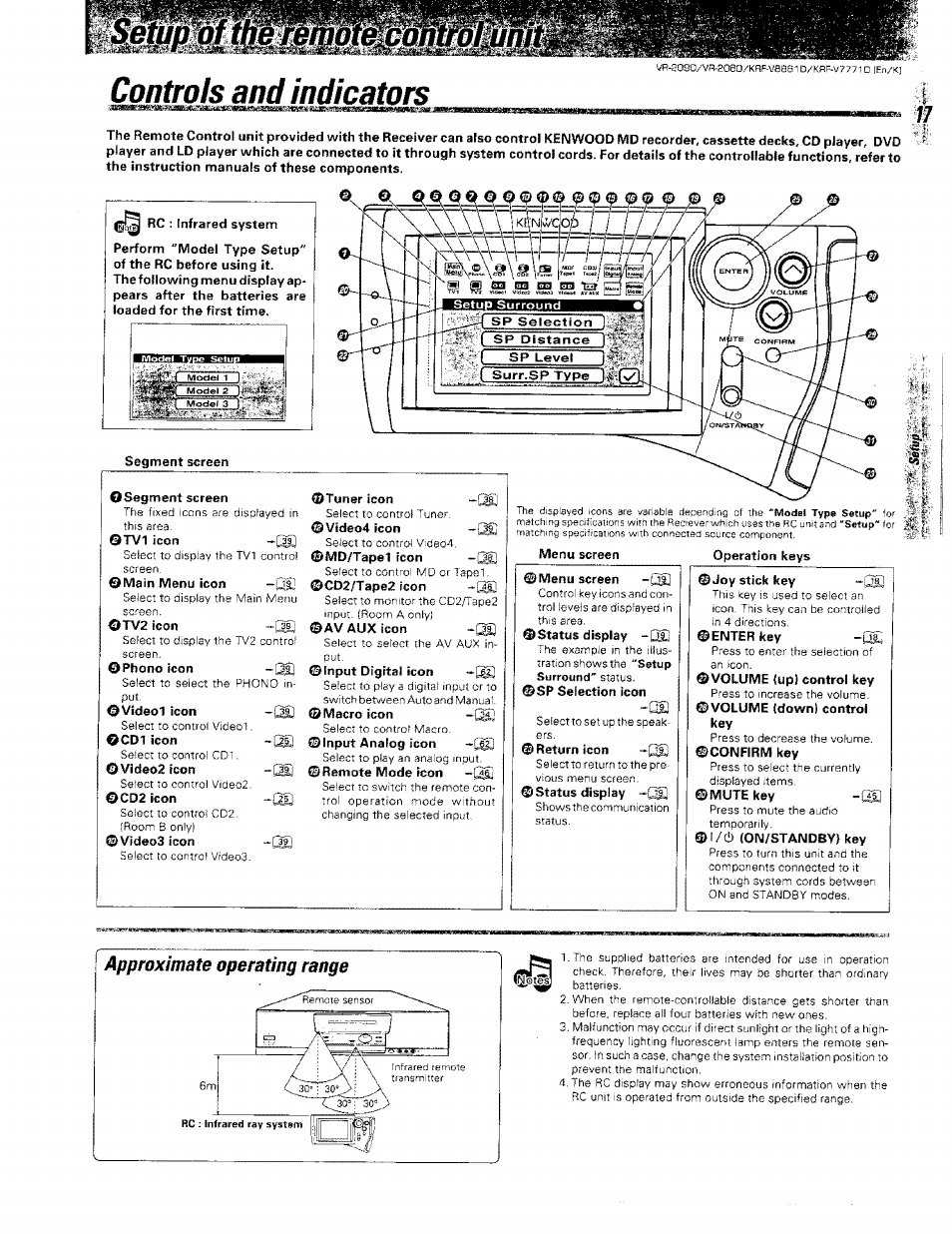 Controls and indicators, Approximate operating range | Kenwood KRF-V8881 D User Manual | Page 17 / 77