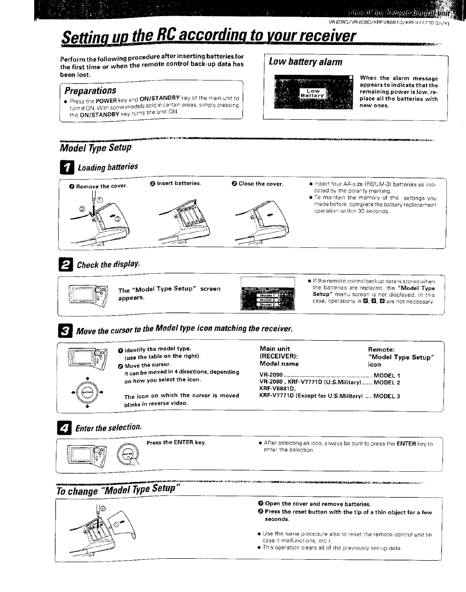 Hnttinn iia the bc according to vour receiver, Preparations, Model type setup | Loading batteries, Check the display, Main unit (receiver): model name, To change "model type setup, Setting up the rc according to your receiver, Low battery alarm | Kenwood KRF-V8881 D User Manual | Page 18 / 77
