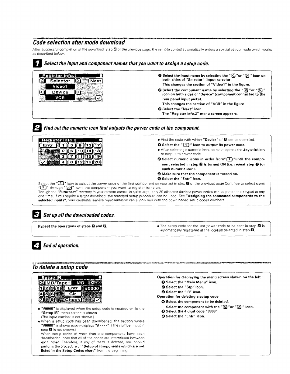 Code selection after mode download, Set up all the downloaded codes, End of operation | To delete a setup code | Kenwood KRF-V8881 D User Manual | Page 23 / 77