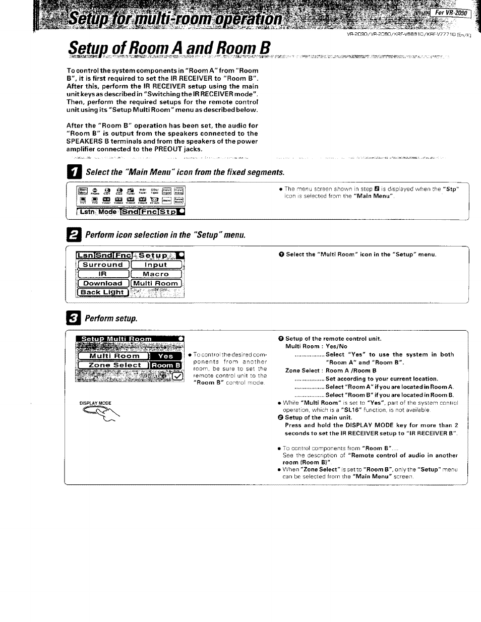 Setup of room a and room b, Perform icon selection in the "setup" menu, Perform setup | Setup of room a and room 8 | Kenwood KRF-V8881 D User Manual | Page 24 / 77