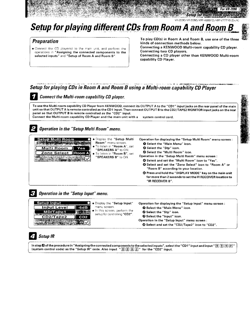 Connect the multi-room capability cd player, Operation in the "setup multi room" menu, Operation in the "setup input" menu | Setup input, Setup ir, Preparation | Kenwood KRF-V8881 D User Manual | Page 25 / 77