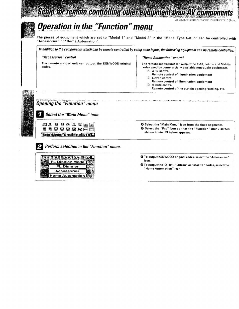 Ofwri^gn in the “function " menu, Opening the "function"menu, Select the "main menu" icon | Perform selection in the “function"menu, Operation in the "function" menu, Wmot0^amml ofwri^gn in the “function " menu | Kenwood KRF-V8881 D User Manual | Page 30 / 77