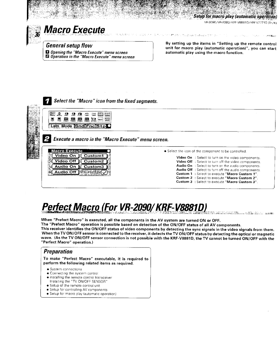 I macro execute, Fcrfpli, Setup for macro play (automatic operation | Select the "macro" icon from the fixed segments, Perfect macro (for vr-2m/krf, Preparation, Macro execute, Perfect macro (for vr-2090/ krf-vb88wj, General setup flow | Kenwood KRF-V8881 D User Manual | Page 36 / 77