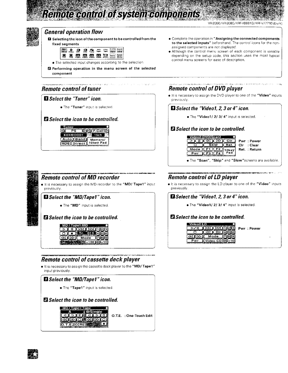 General operation flow, Remote control of tuner, O select the "tuner" icon | S select the icon to be controlled, Remote control of md recorder, Q select the "md/tape 1" icon, Remote control of dvd player, Bselectthe "vldeol, 2,3or4"icon, B select the icon to be controlled, Remote control of ld player | Kenwood KRF-V8881 D User Manual | Page 39 / 77
