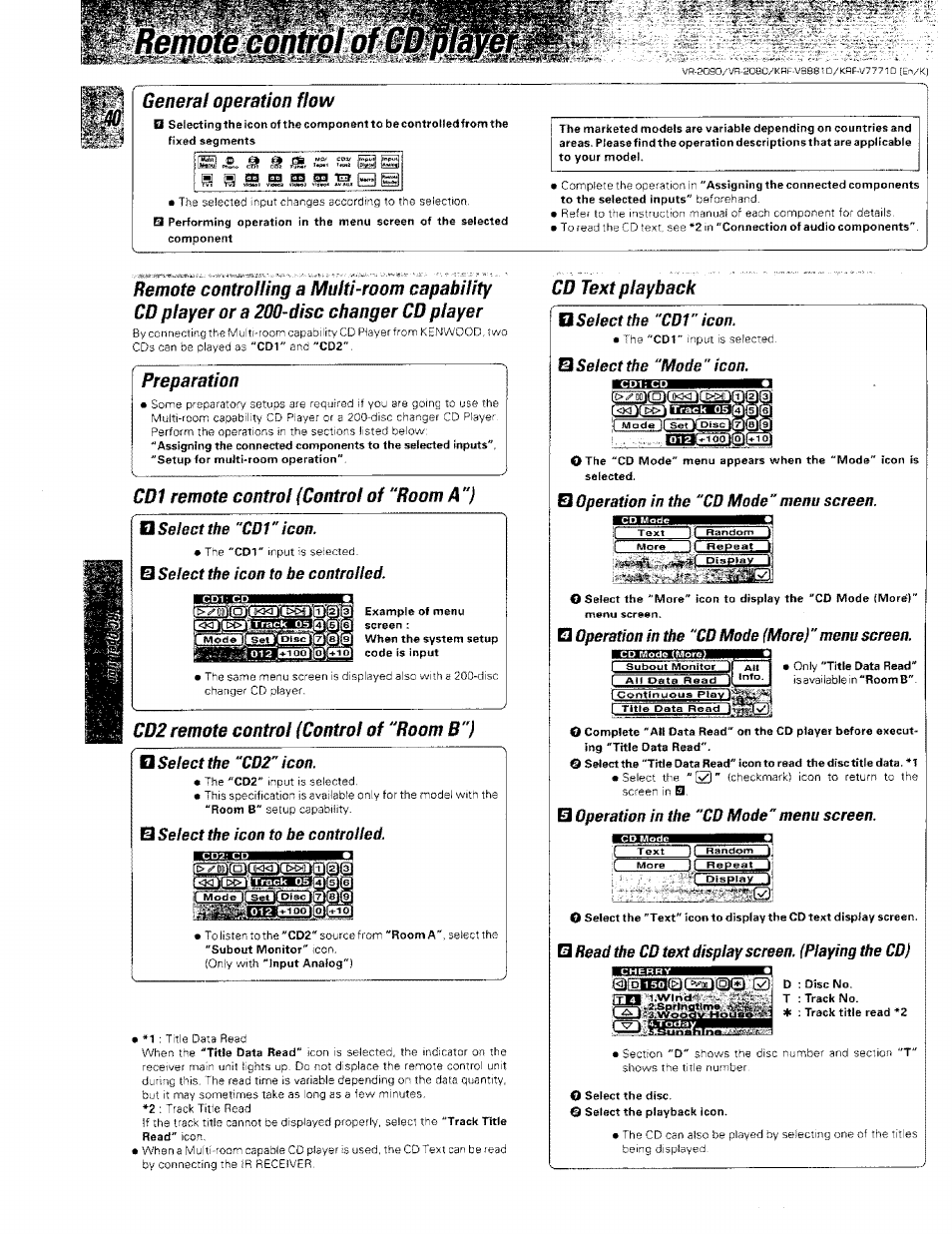 General operation flow, Preparation, Cd1 remote control (control of “room a “) | N select the "cd1" icon, S select the icon to be controlled, Cd2 remote control (control of “room b"), Select the "cd2" icon, Is select the icon to be controlled, Cd text playback, O select the "cd1" icon | Kenwood KRF-V8881 D User Manual | Page 41 / 77