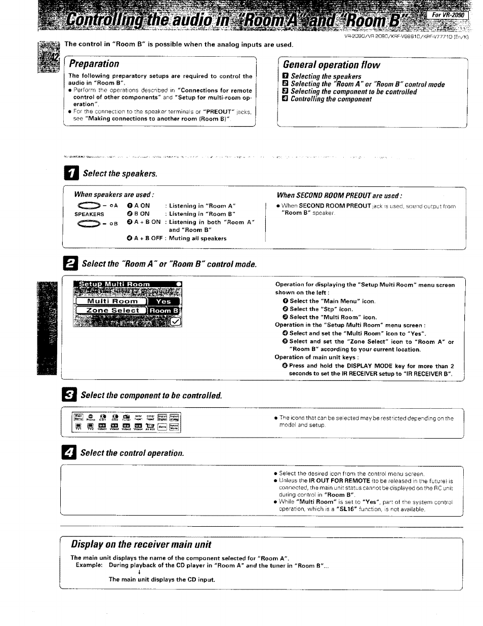 Select the speakers, Select the “room a " or “room b" control mode, Select the component to be controlled | Select the control operation, Display on the receiver main unit, Preparation, General operation flow | Kenwood KRF-V8881 D User Manual | Page 43 / 77