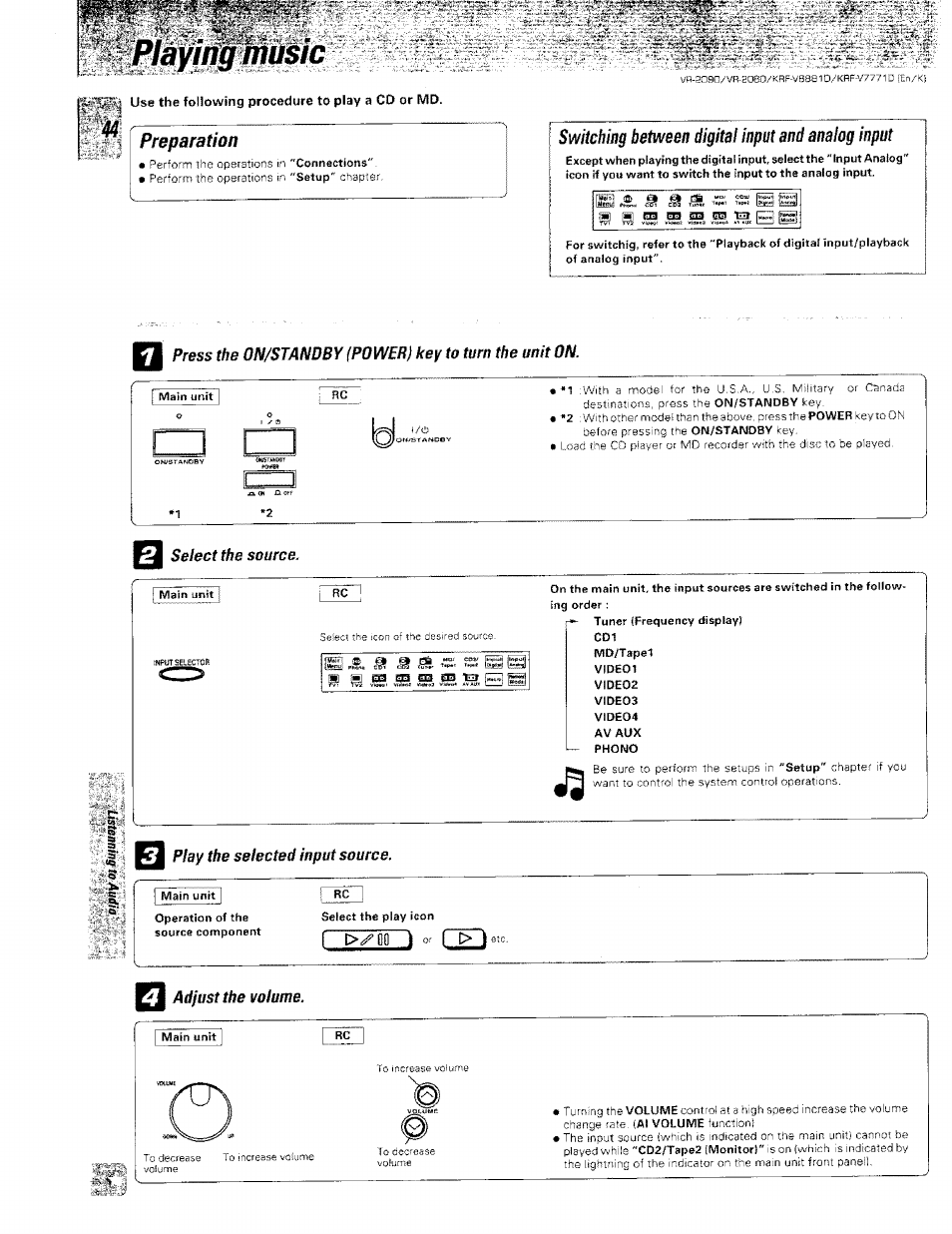 Use the fomowing procedure to play a cd or md, Preparation, Switching between digital input and analog input | Select the source, Play the selected input source, Adjust the volume | Kenwood KRF-V8881 D User Manual | Page 45 / 77