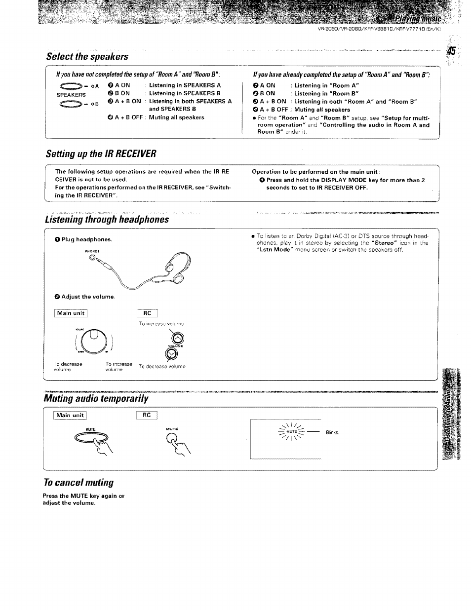 Select the speakers, Setting up the ir receiver, Listening through headphones | Muting audio temporarily, To cancel muting | Kenwood KRF-V8881 D User Manual | Page 46 / 77