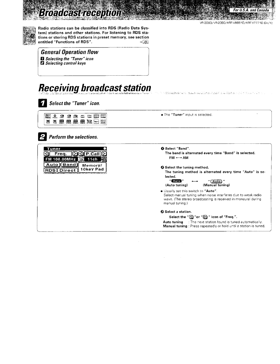 Perform the selections, Вгоаасавшсетопщ, Receiving broadcast station | General operation flow | Kenwood KRF-V8881 D User Manual | Page 49 / 77