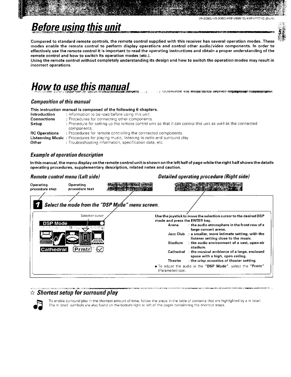 How to use this manual, Example of operation description, Detailed operating procedure (right side | Select the mode from the, Shortest setup for surround play, How to use this marma, Setup for surround play, Before using this unit | Kenwood KRF-V8881 D User Manual | Page 5 / 77