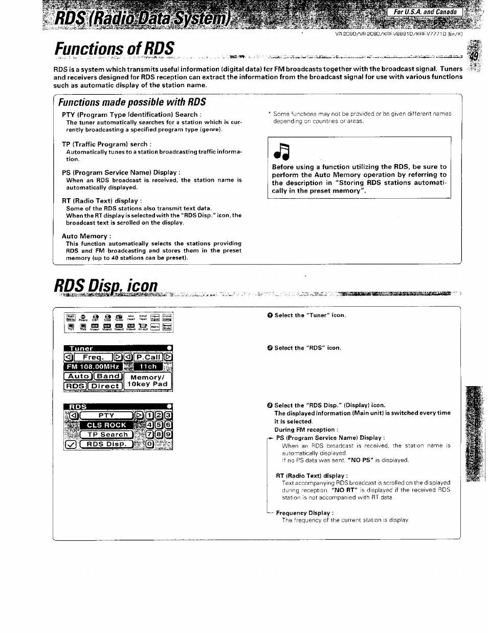 Functions of rds, Functions made possible with rds, Rds disp. icon | Зншяш | Kenwood KRF-V8881 D User Manual | Page 50 / 77