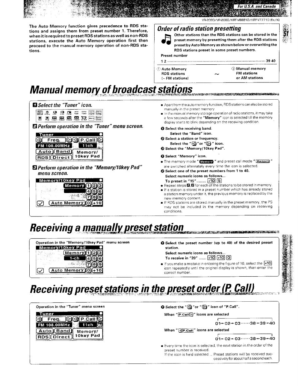 Order of radio station presetting, Manual memory of broadcast stations, O select the “tuner " icon | Wl perform operation in the “tuner" menu screen, Receiving a manually preset station, Receiving a preset rds station, Manual memory of broadcast staiiom | Kenwood KRF-V8881 D User Manual | Page 52 / 77