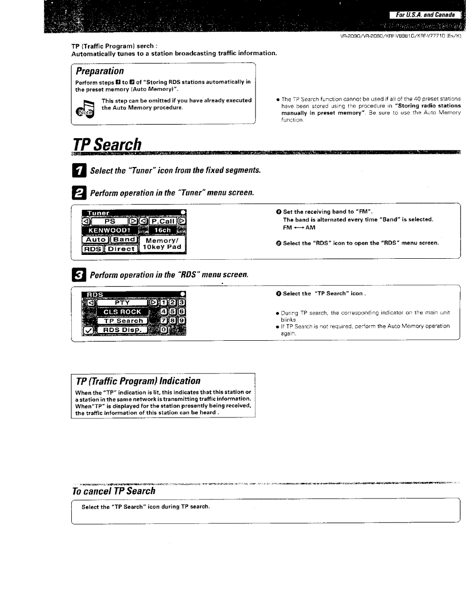 Preparation, Tp search, Perform operation in the “rds" menu screen | Tp (traffic program) indication, To cancel tp search | Kenwood KRF-V8881 D User Manual | Page 55 / 77