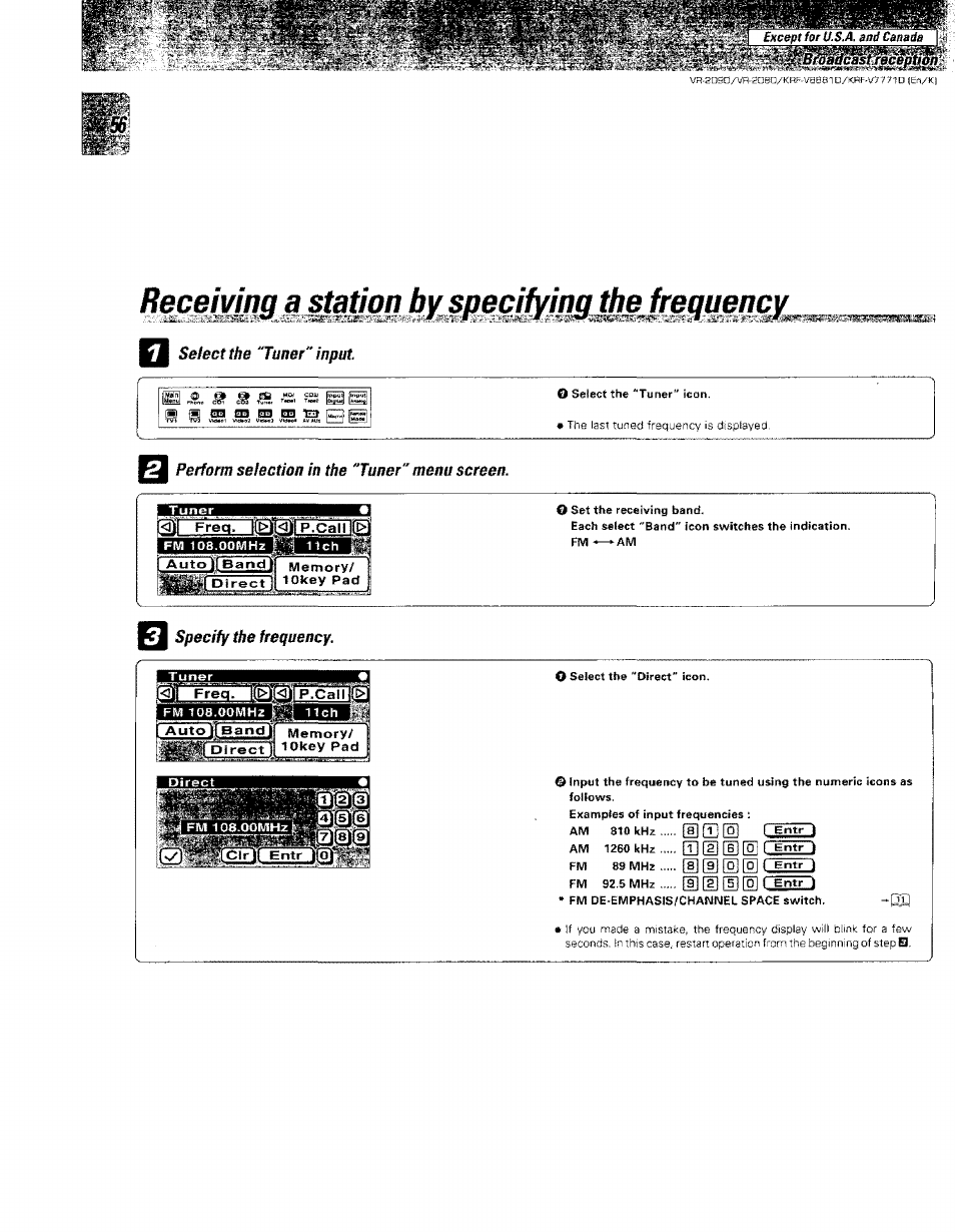 Receiving a station by specifying the frequency, Select the "tuner" input, Perform selection in the "tuner" menu screen | Specify the frequency | Kenwood KRF-V8881 D User Manual | Page 57 / 77