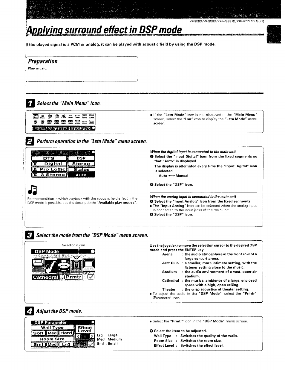 Aoolvina surround effect in dsp mode, Select the "main menu" icon, Perform operation in the "lstn mode " menu screen | Select the mode from the "dsp mode " menu screen, Adjust the dsp mode, Applying surround effect in dsp mode, Preparation, Dsp mode | Kenwood KRF-V8881 D User Manual | Page 64 / 77