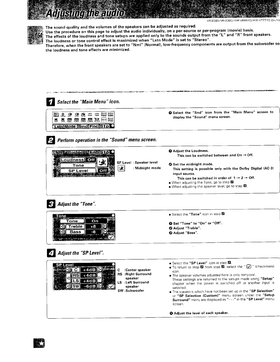 Seiectthe "main menu" icon, Perform operation in the "sound" menu screen, Adjust the "tone | Adjust the "sp level | Kenwood KRF-V8881 D User Manual | Page 65 / 77