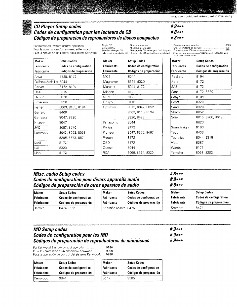 Cd player setup codes # 8, Codes de configuration pour les lecteurs de cd # 8, Mise, audio setup codes | Md setup codes, Codes de configuration pour les md, Cd player setup codes | Kenwood KRF-V8881 D User Manual | Page 75 / 77