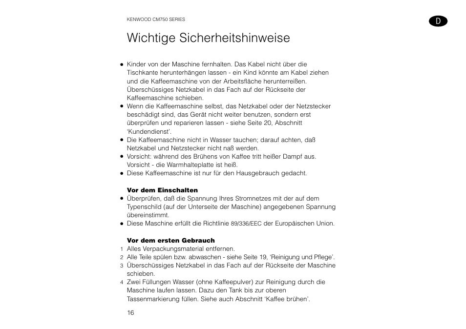 Wichtige sicherheitshinweise | Kenwood AQUAMATIK CM750 User Manual | Page 18 / 28