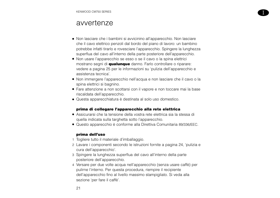 Avvertenze | Kenwood AQUAMATIK CM750 User Manual | Page 23 / 28