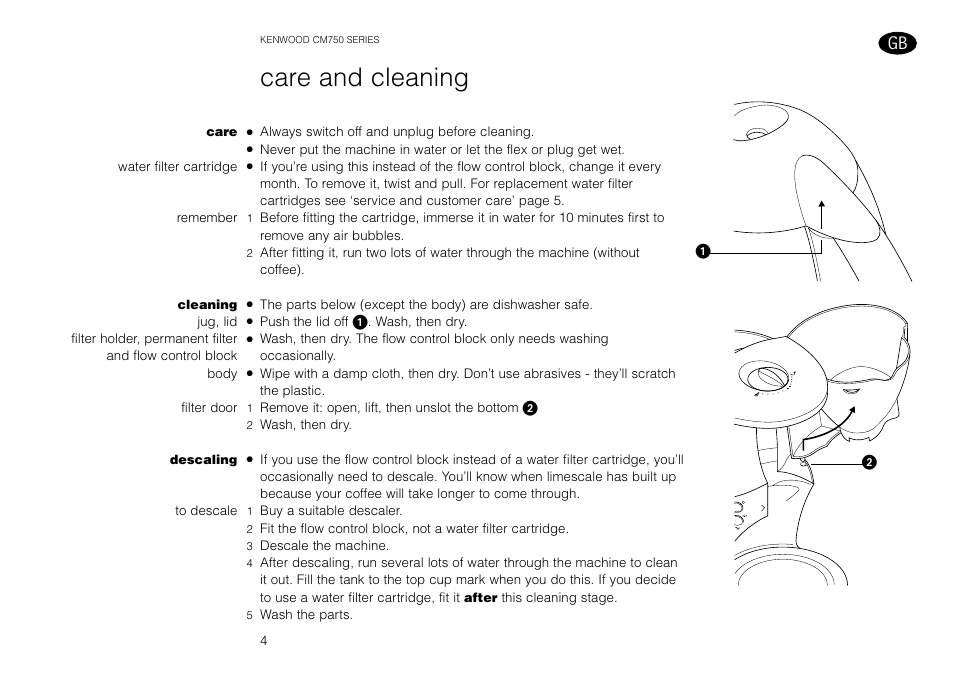 Care and cleaning | Kenwood AQUAMATIK CM750 User Manual | Page 6 / 28