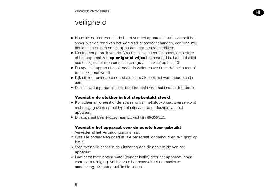 Veiligheid | Kenwood AQUAMATIK CM750 User Manual | Page 8 / 28