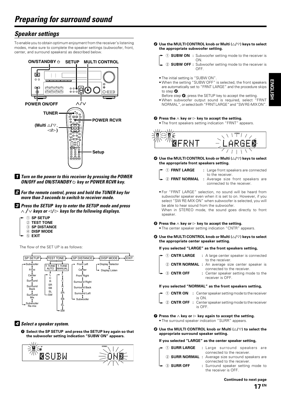 Preparing for surround sound, Speaker settings, Keys or | Keys for the following displays, Select a speaker system, English | Kenwood KRF-V7070D User Manual | Page 17 / 48