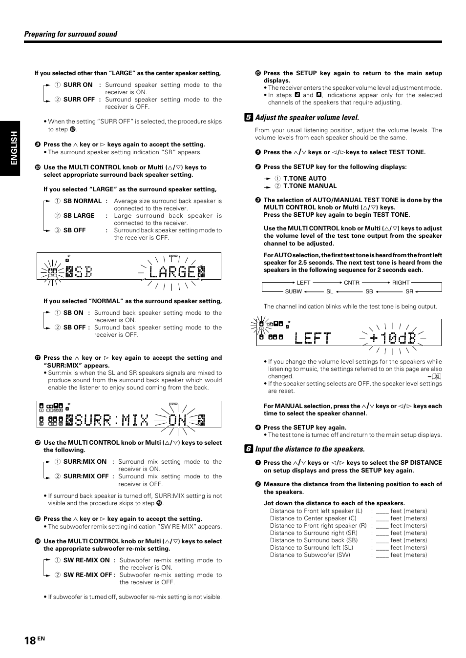 Adjust the speaker volume level, Input the distance to the speakers, Preparing for surround sound | English | Kenwood KRF-V7070D User Manual | Page 18 / 48