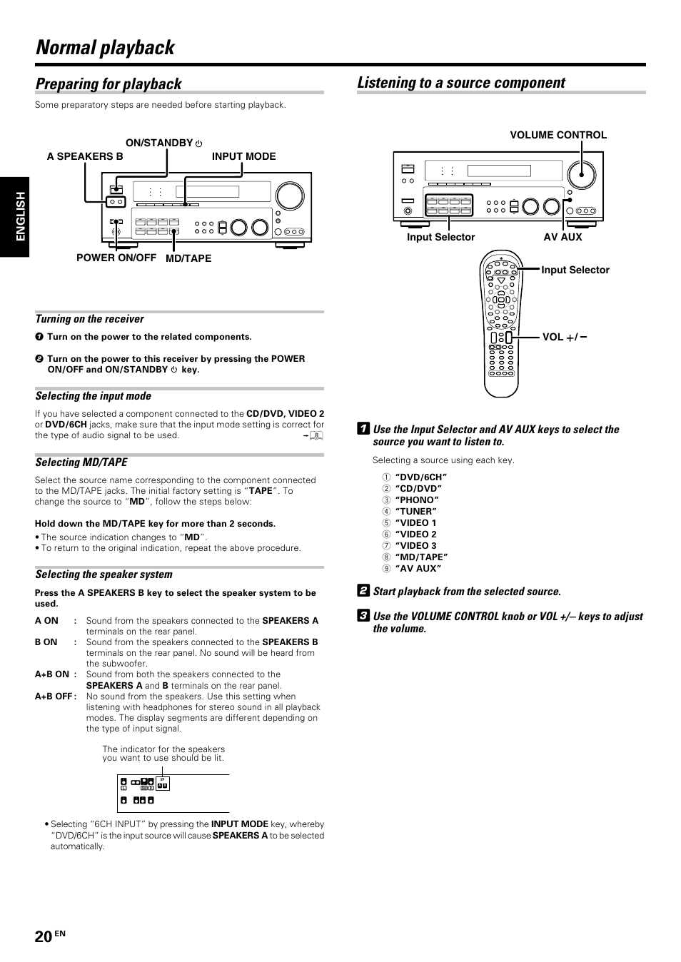 Operations, Normal playback, Preparing for playback | Listening to a source component, Turning on the receiver, Selecting the input mode, Selecting md/tape, Selecting the speaker system, Start playback from the selected source | Kenwood KRF-V7070D User Manual | Page 20 / 48