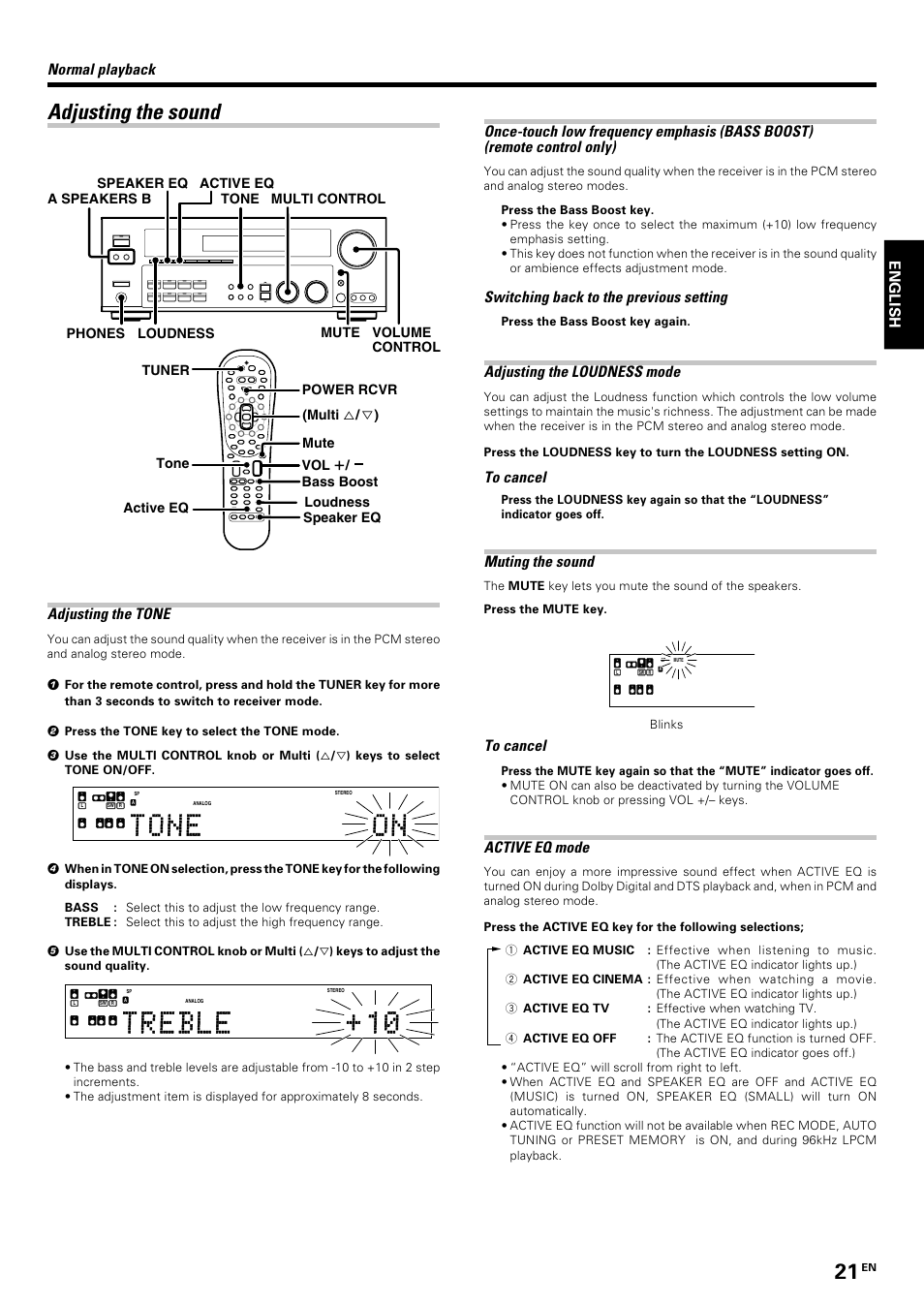 Adjusting the sound, Normal playback, Adjusting the tone | Switching back to the previous setting, Adjusting the loudness mode, Muting the sound, Active eq mode, English | Kenwood KRF-V7070D User Manual | Page 21 / 48