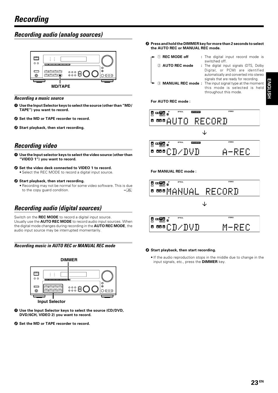 Recording, Recording audio (analog sources), Recording video | Recording audio (digital sources), Recording a music source, Recording music in auto rec or manual rec mode, English, Md/tape, Input selector dimmer, For manual rec mode | Kenwood KRF-V7070D User Manual | Page 23 / 48