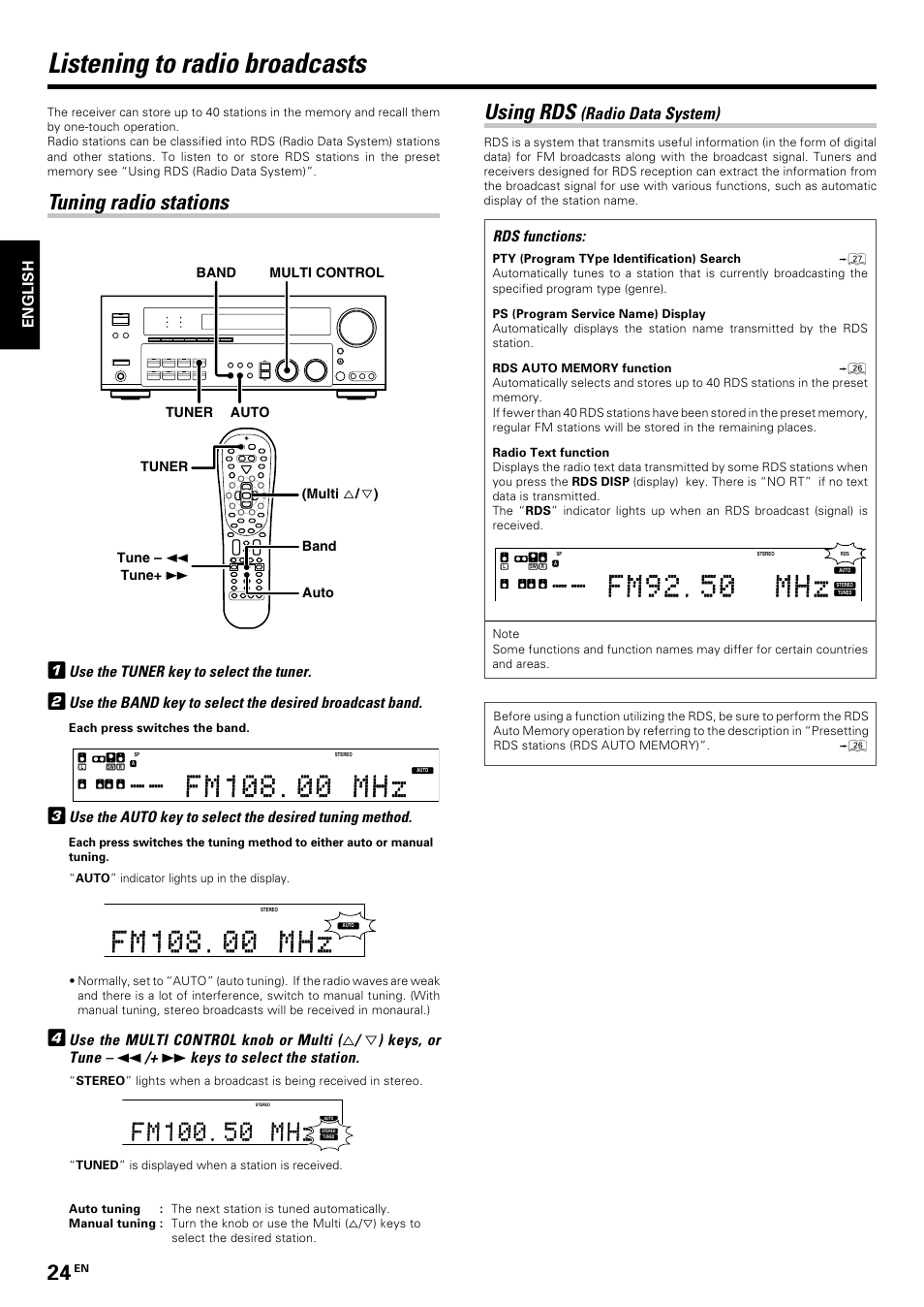 Listening to radio broadcasts, Tuning radio stations, Using rds (radio data system) | Using rds, Radio data system), Rds functions, Use the tuner key to select the tuner, Use the multi control knob or multi, Keys, or tune, Keys to select the station | Kenwood KRF-V7070D User Manual | Page 24 / 48