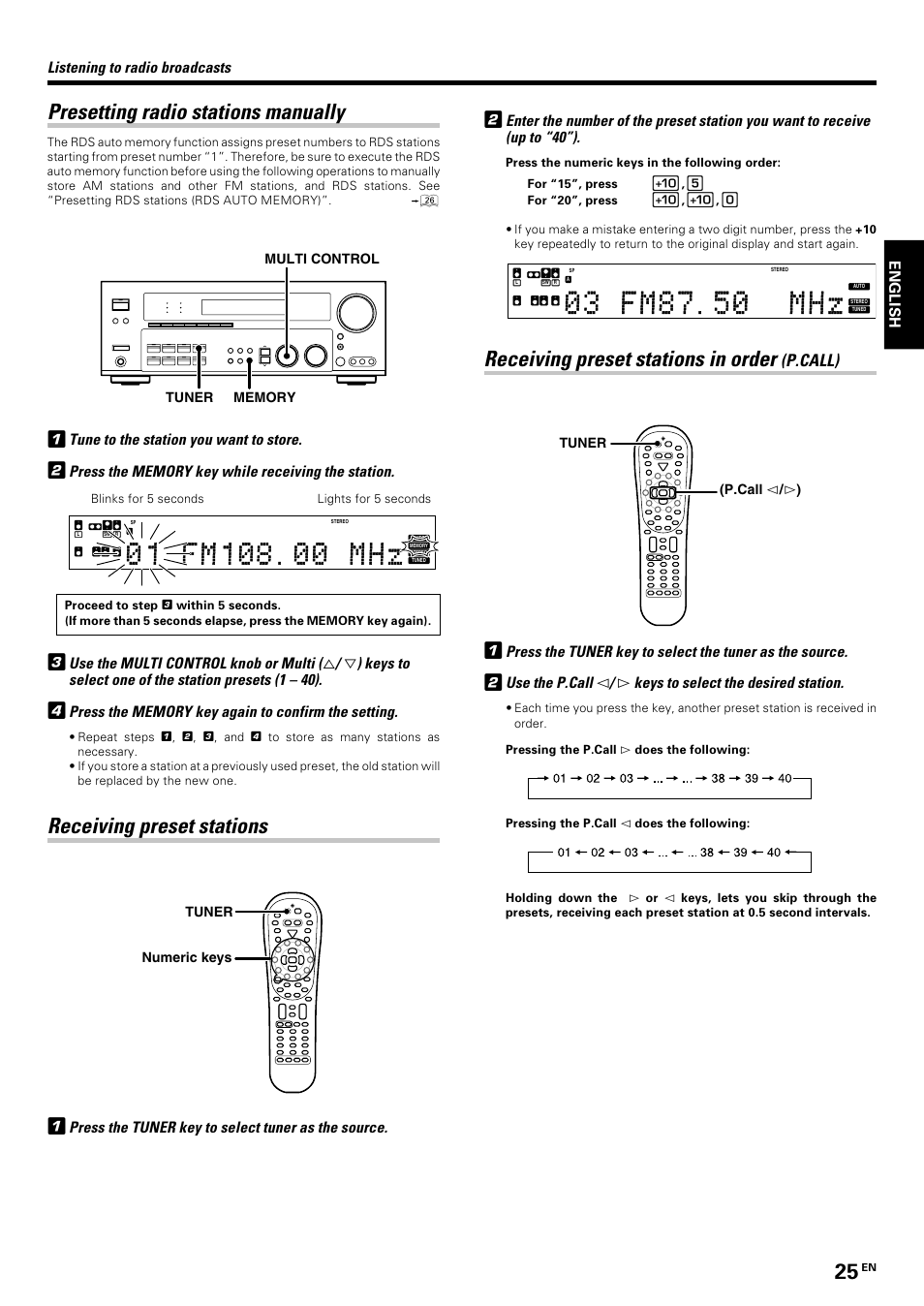 Presetting radio stations manually, Receiving preset stations, Receiving preset stations in order (p.call) | Receiving preset stations in order, P.call), Tune to the station you want to store, Use the multi control knob or multi, Keys to select one of the station presets (1 – 40), Use the p.call, Keys to select the desired station | Kenwood KRF-V7070D User Manual | Page 25 / 48