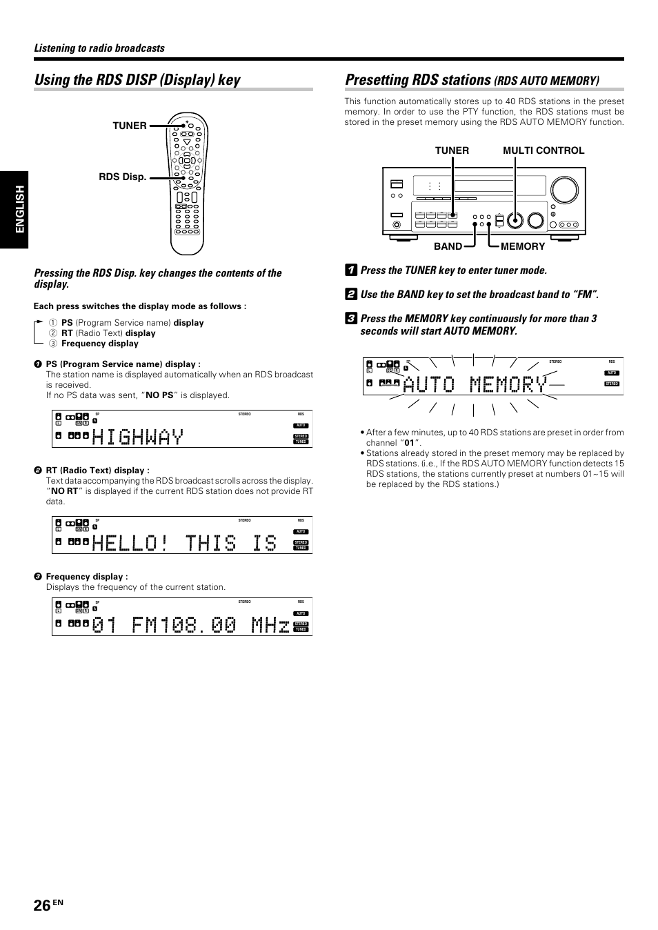 Using the rds disp (display) key, Presetting rds stations (rds auto memory), Presetting rds stations | Listening to radio broadcasts, Press the tuner key to enter tuner mode, Use the band key to set the broadcast band to “fm, English, Tuner rds disp | Kenwood KRF-V7070D User Manual | Page 26 / 48