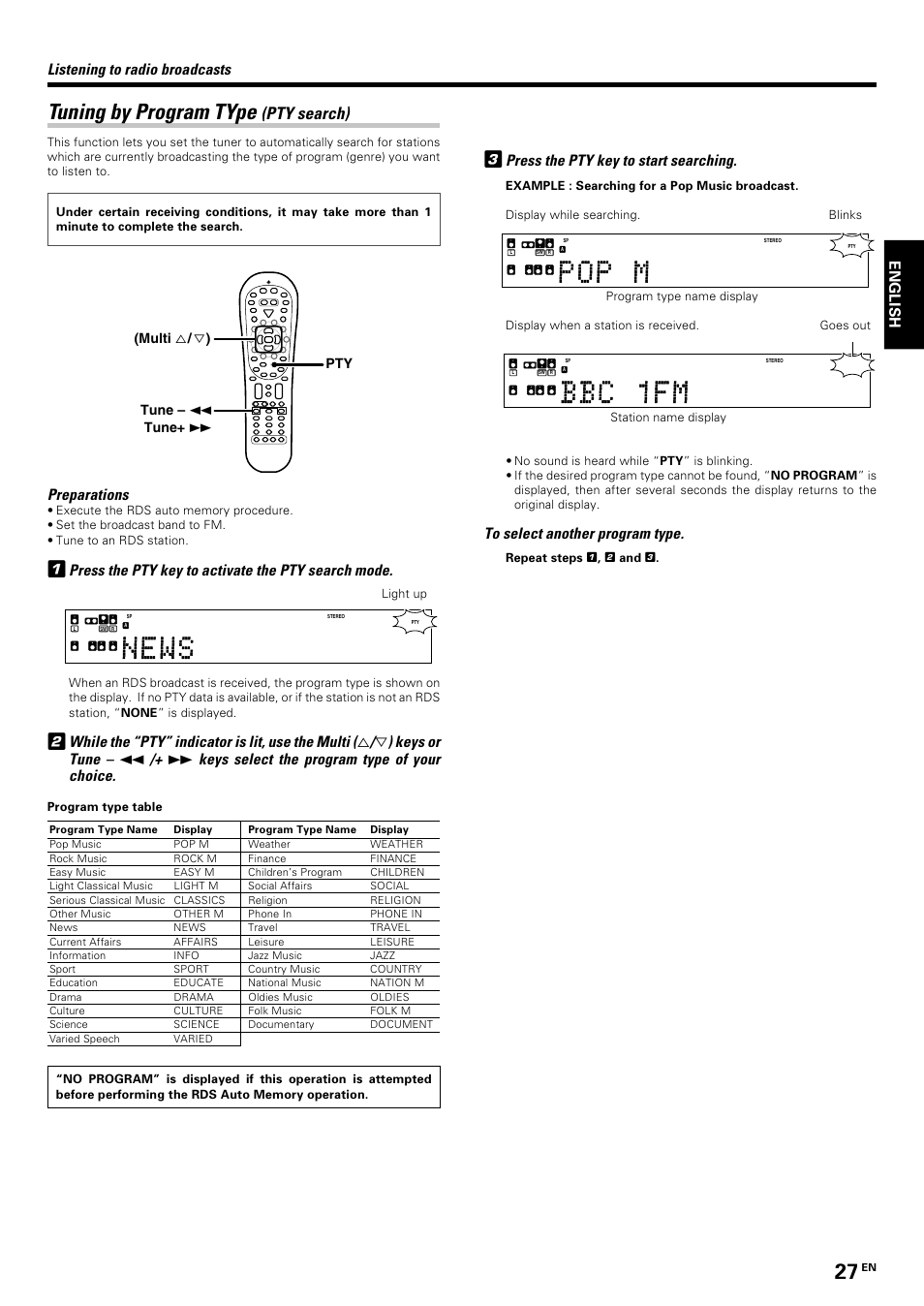 Tuning by program type (pty search), Tuning by program type, Pty search) | Press the pty key to start searching, Listening to radio broadcasts, Preparations, Press the pty key to activate the pty search mode, While the “pty” indicator is lit, use the multi, Keys or tune, Keys select the program type of your choice | Kenwood KRF-V7070D User Manual | Page 27 / 48