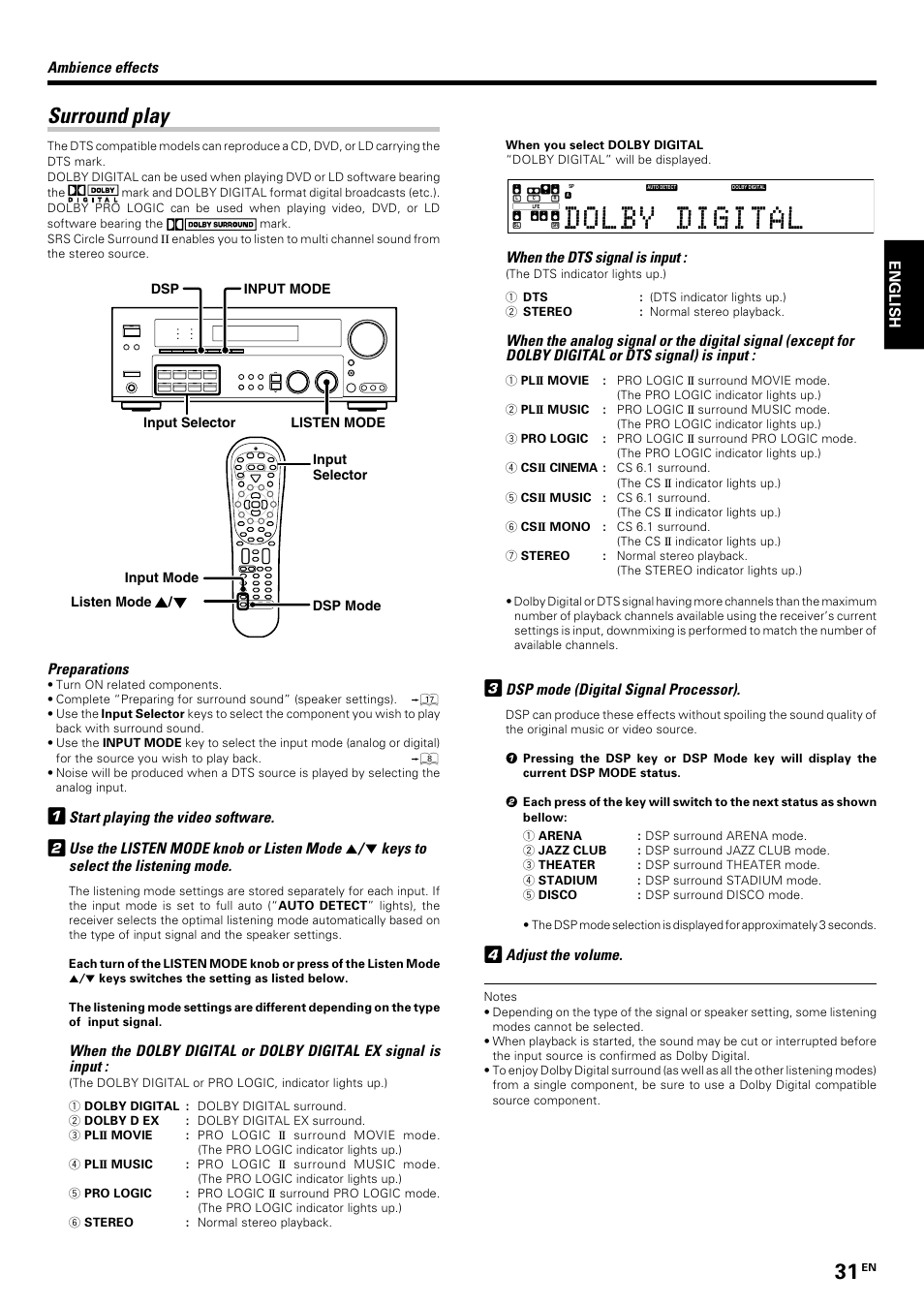 Surround play, Preparations, Start playing the video software | Use the listen mode knob or listen mode, Keys to select the listening mode, Ambience effects, When the dts signal is input, Dsp mode (digital signal processor), Adjust the volume, English | Kenwood KRF-V7070D User Manual | Page 31 / 48