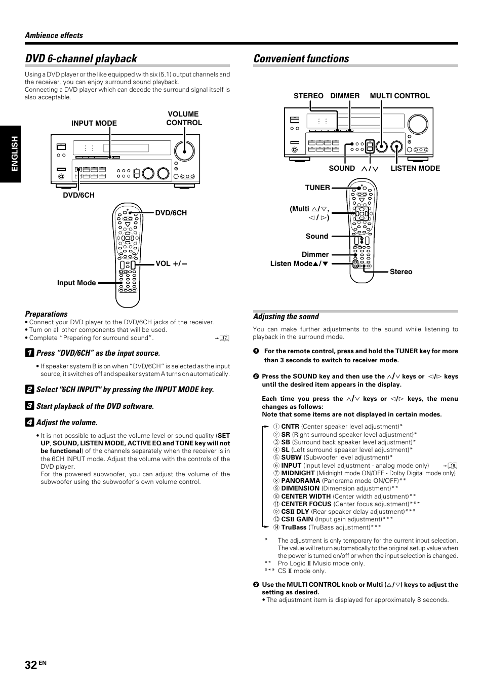 Dvd 6-channel playback, Convenient functions | Kenwood KRF-V7070D User Manual | Page 32 / 48