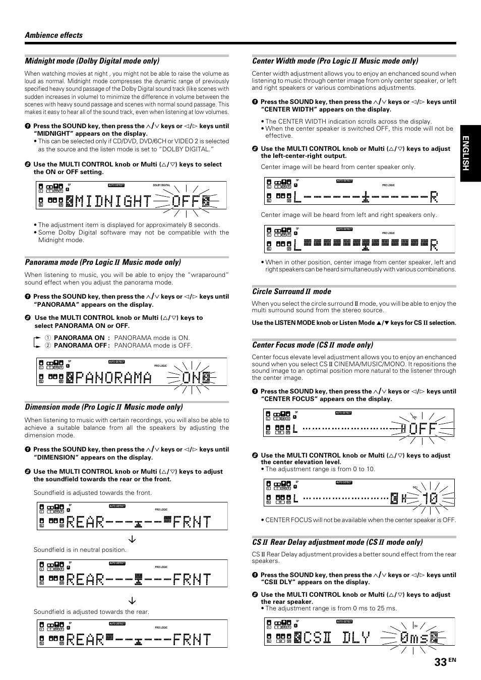 Panorama mode (pro logic, Music mode only), Dimension mode (pro logic | Center width mode (pro logic, Circle surround, Mode, Center focus mode (cs, Mode only), Rear delay adjustment mode (cs, English | Kenwood KRF-V7070D User Manual | Page 33 / 48