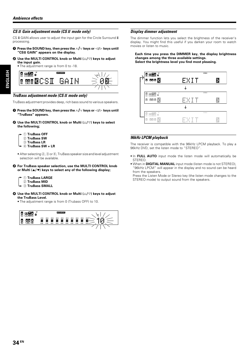 Ambience effects cs, Gain adjustment mode (cs, Mode only) | Trubass adjustment mode (cs, Display dimmer adjustment, 96khz lpcm playback, English | Kenwood KRF-V7070D User Manual | Page 34 / 48
